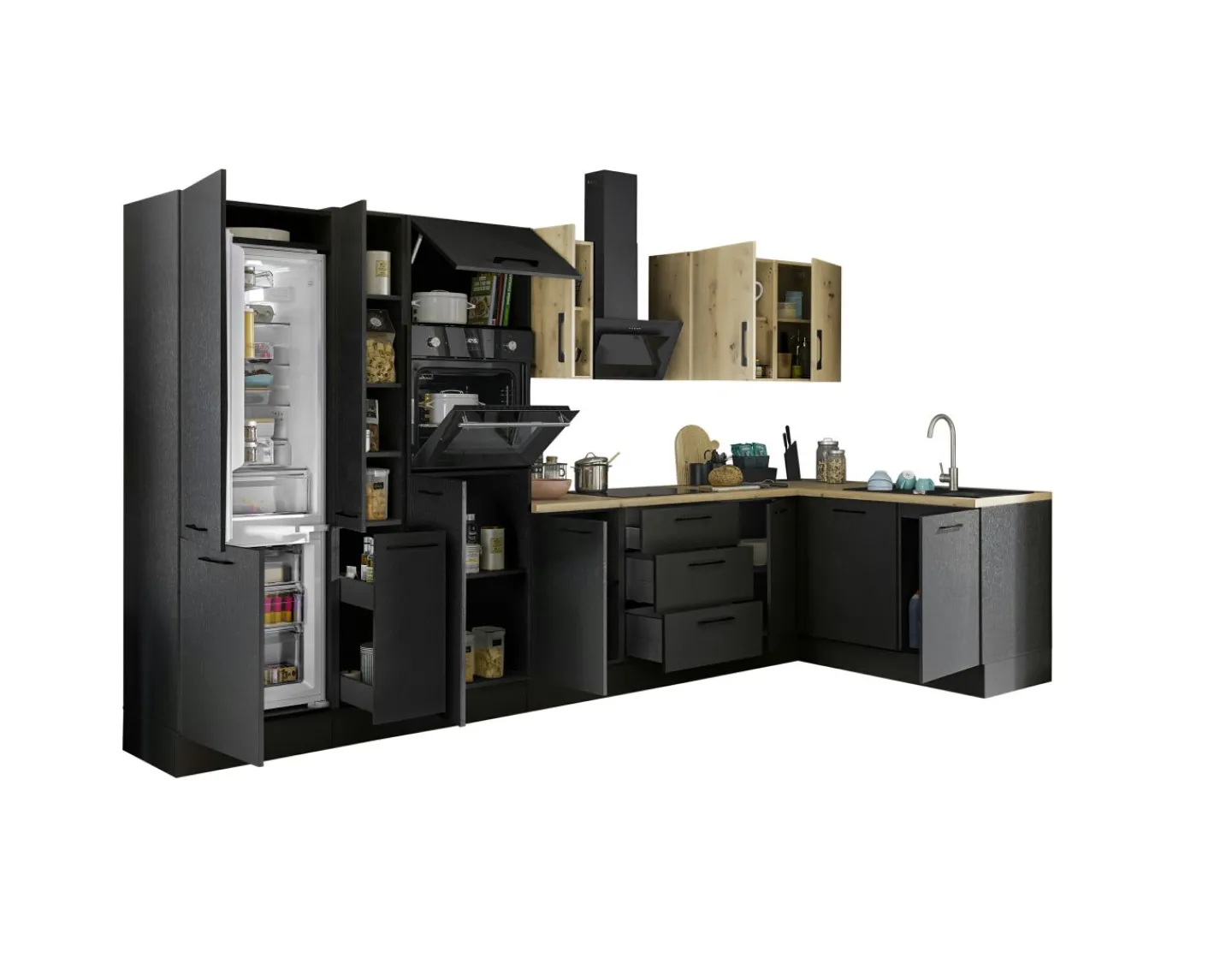 Bega BBK Küchenblock mit E-Geräten CORNWALL (Ecke-Backofen-Geschirrspüler-Kühlschrank-Apotheker) IV* Küchenzeilen Mit Geräten