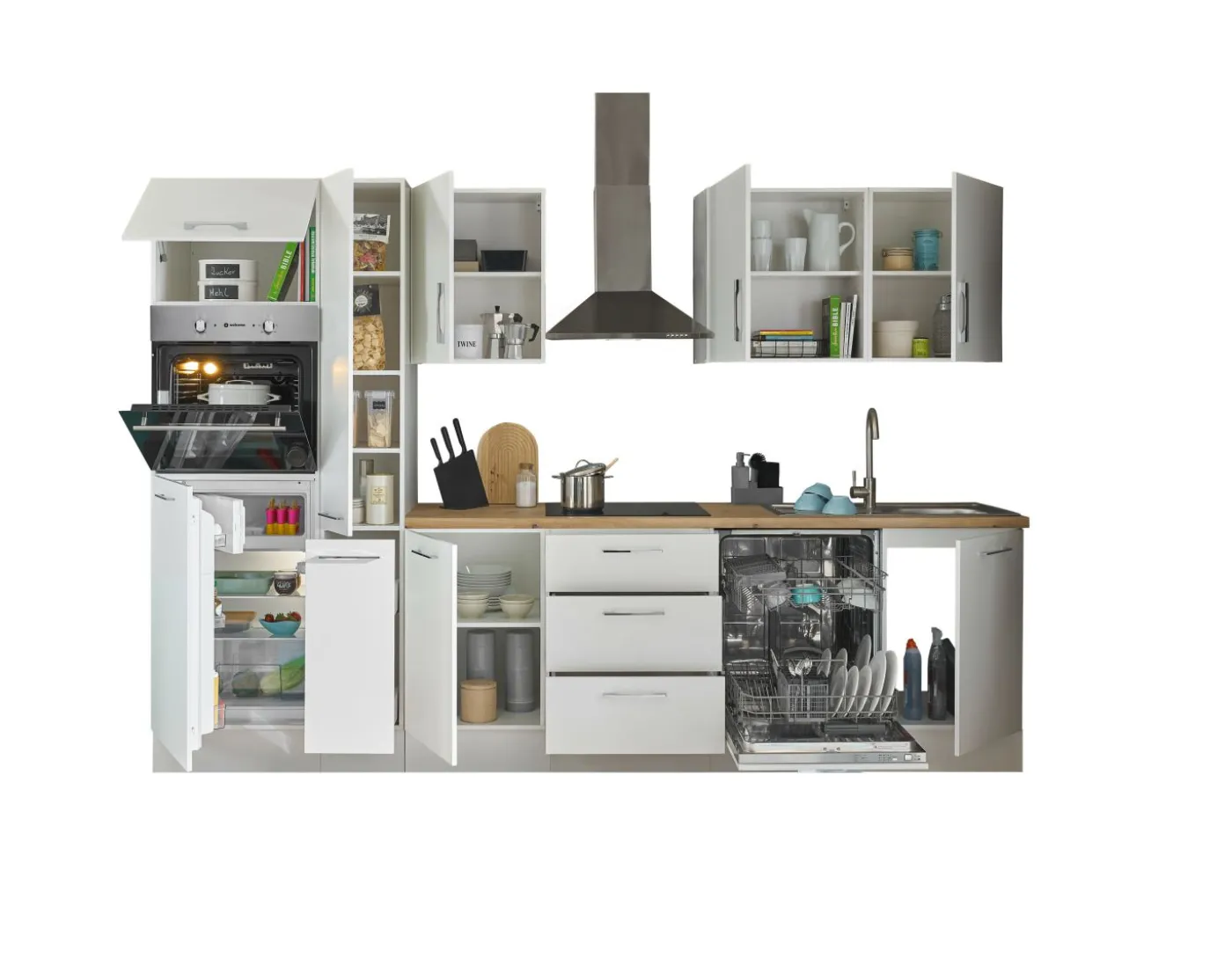Küchenblock mit E-Geräten CORNWALL (Zeile-Backofen-Geschirrspüler-Kühlschrank-Apotheker) I