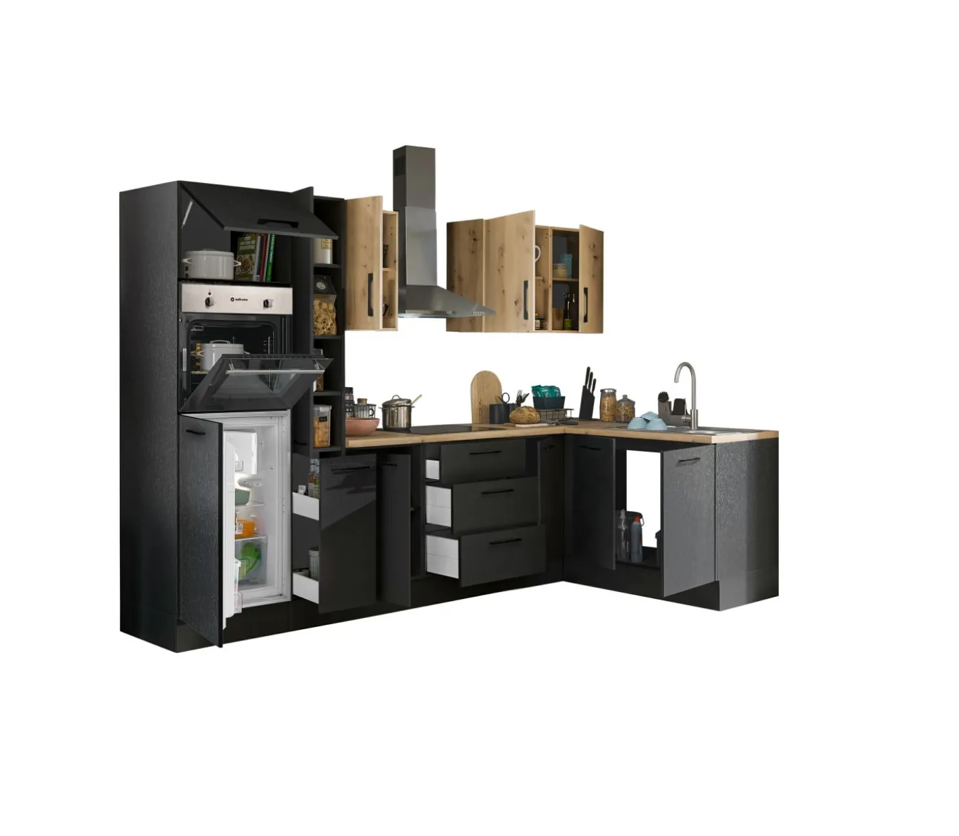 Küchenblock mit E-Geräten CORNWALL (Ecke-Backofen-Kühlschrank-Apotheker) V