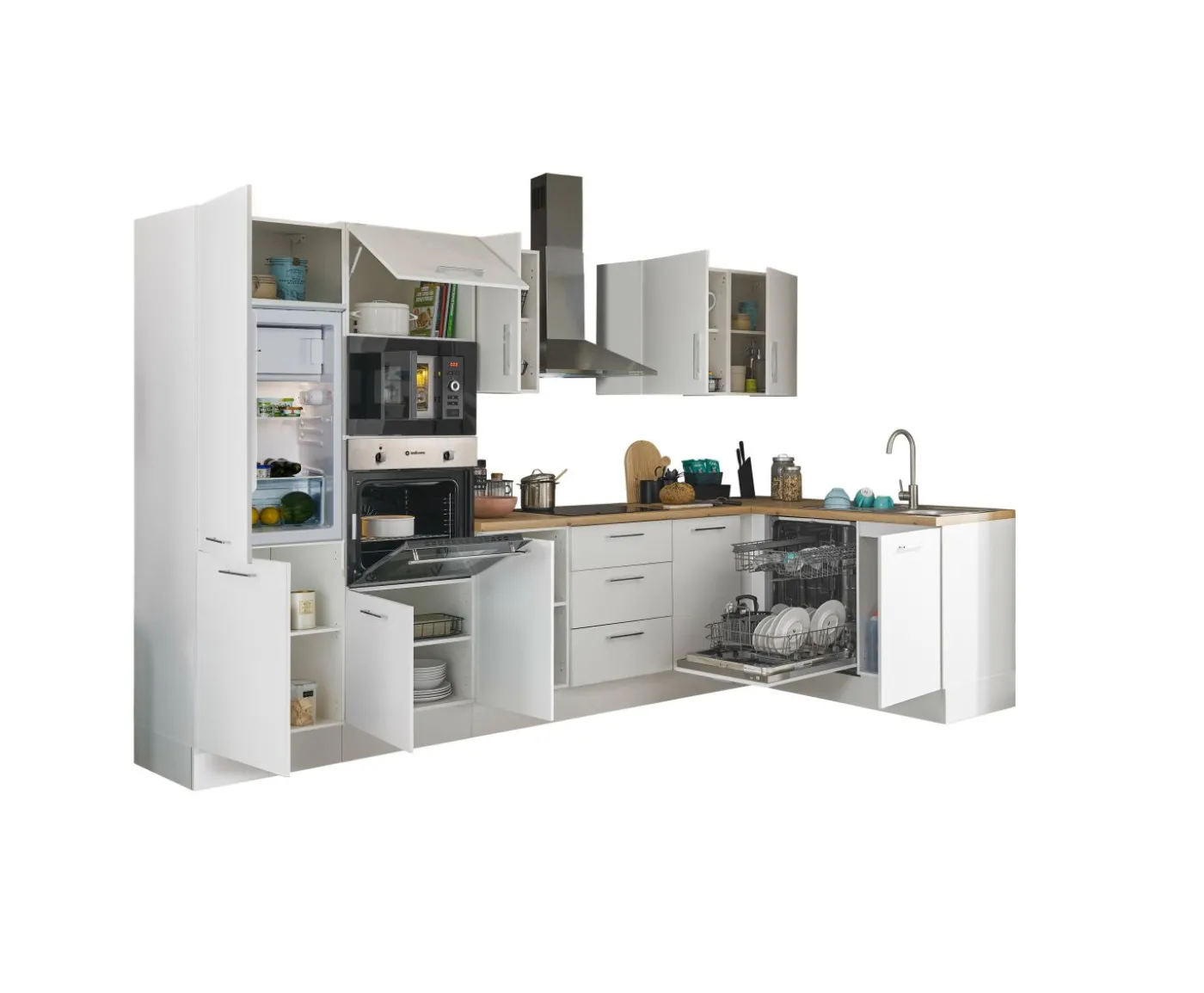 Küchenblock mit E-Geräten CORNWALL (Ecke-Backofen-Geschirrspüler-Kühlschrank-Mikrowelle) I