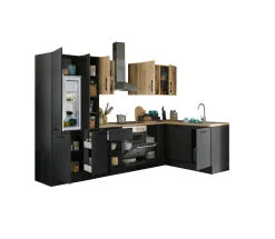 Küchenblock mit E-Geräten CORNWALL (Ecke-Geschirrspüler-Kühlschrank-Apotheker) III
