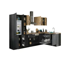 Küchenblock mit E-Geräten CORNWALL (Ecke-Geschirrspüler-Kühlschrank-Apotheker) III