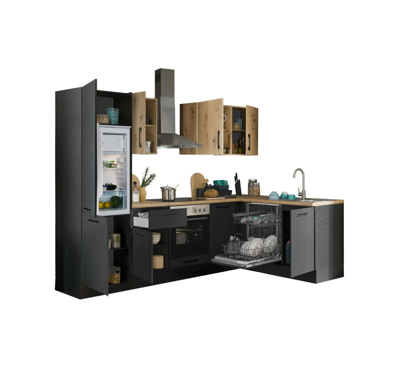 Bega BBK Küchenblock mit E-Geräten CORNWALL (Ecke-Geschirrspüler-Kühlschrank) III* Küchenzeilen Mit Geräten
