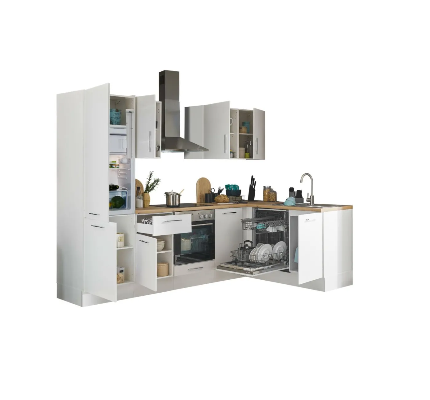 Küchenblock mit E-Geräten CORNWALL (Ecke-Geschirrspüler-Kühlschrank) I