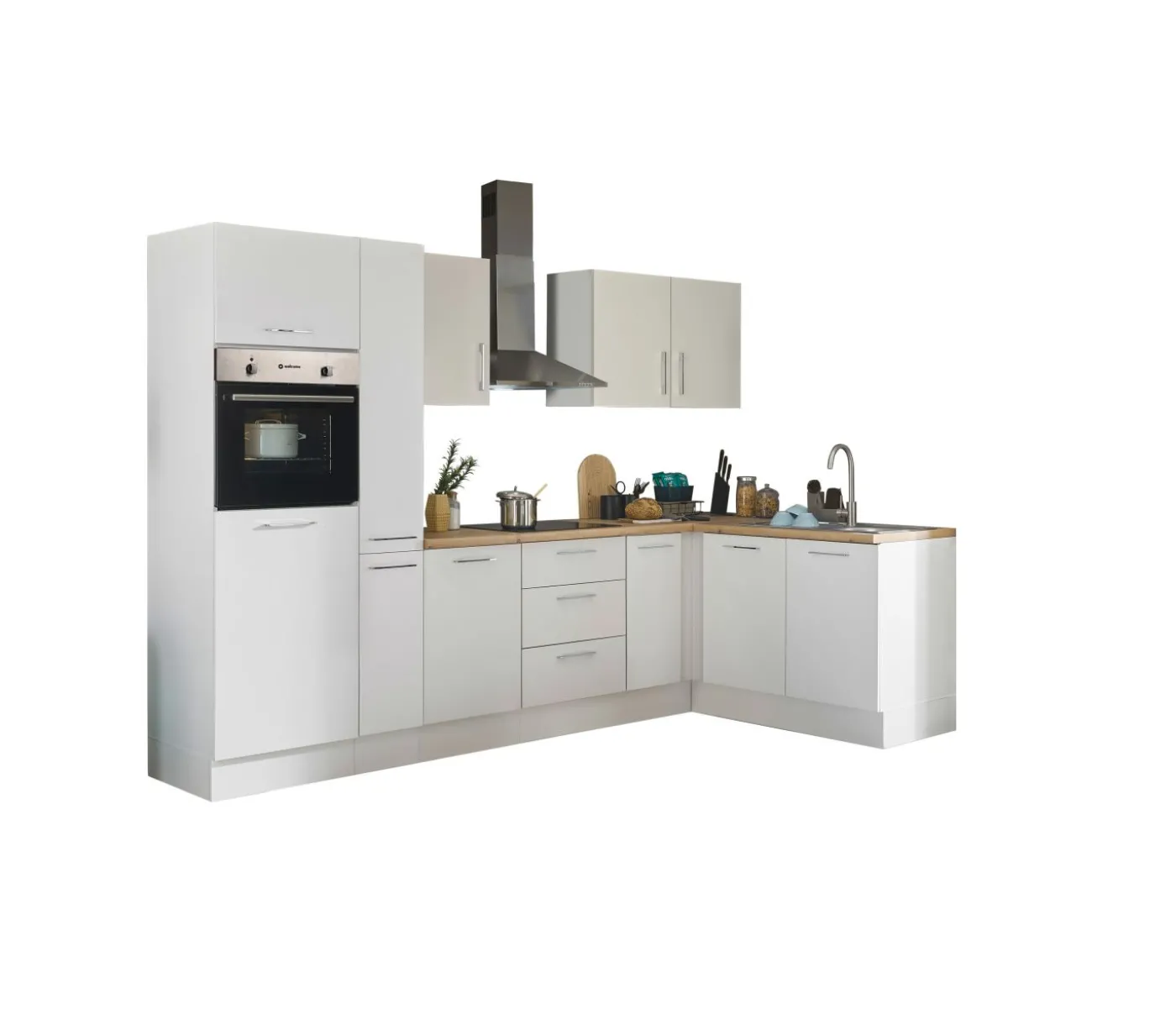 Küchenblock mit E-Geräten CORNWALL (Ecke-Backofen-Kühlschrank-Apotheker) I