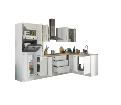 Küchenblock mit E-Geräten CORNWALL (Ecke-Backofen-Kühlschrank-Apotheker) I