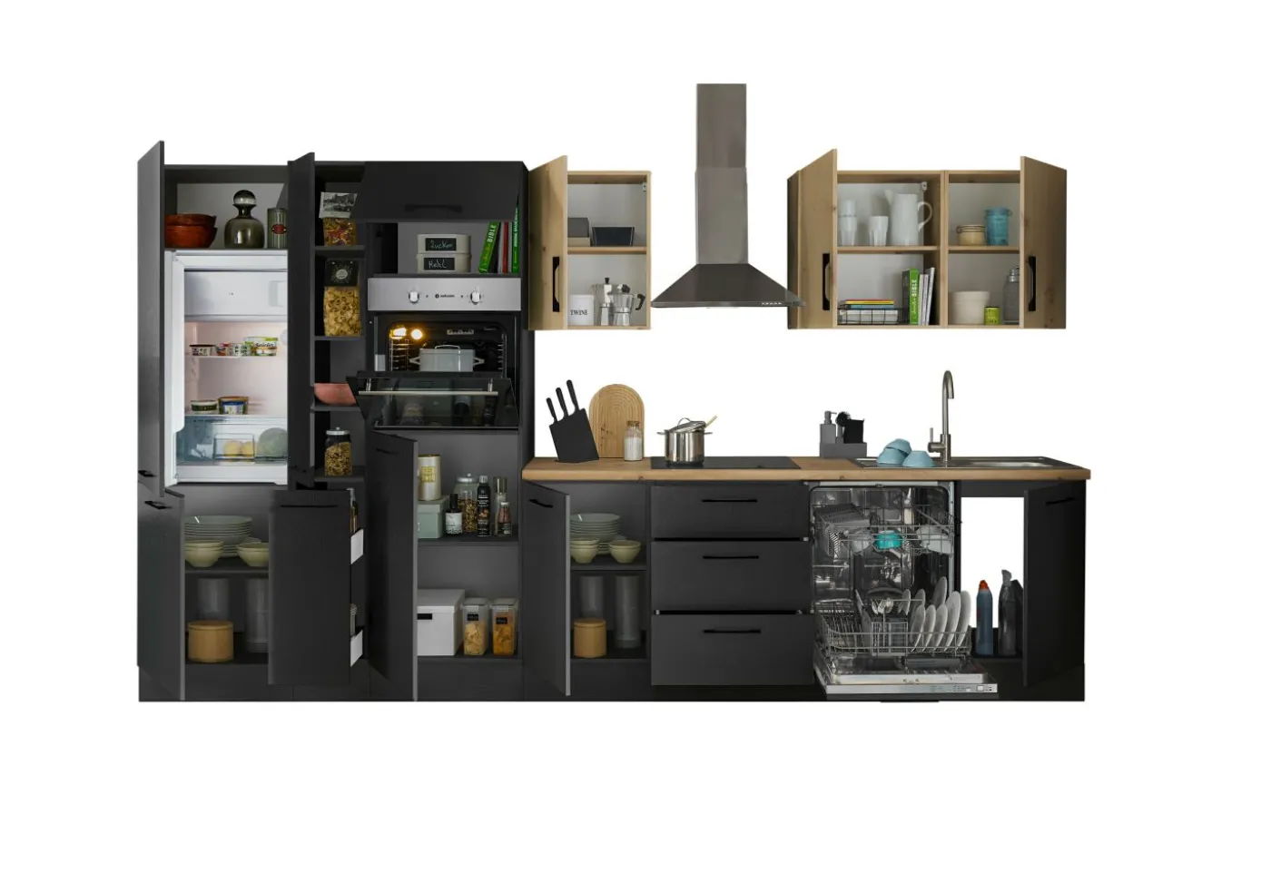 Küchenblock mit E-Geräten CORNWALL (Zeile-Backofen-Geschirrspüler-Kühlschrank-Apotheker) VII