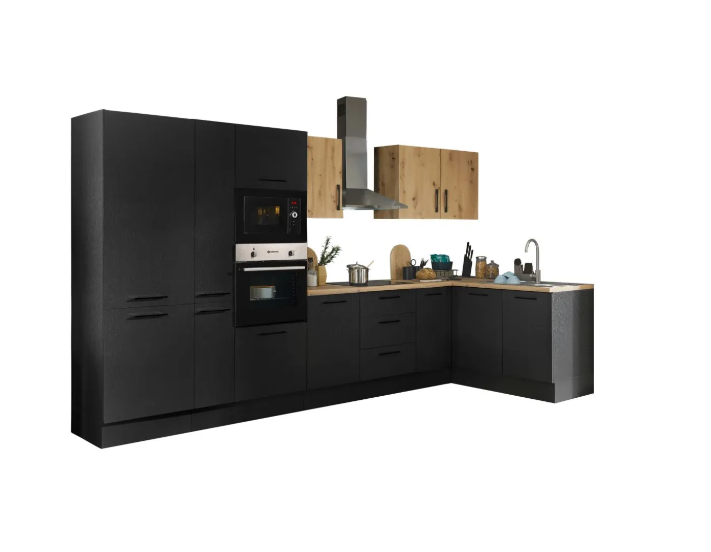 Küchenblock mit E-Geräten CORNWALL (Ecke-Backofen-Kühlschrank-Mikrowelle-Apotheker) III
