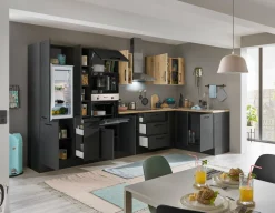 Küchenblock mit E-Geräten CORNWALL (Ecke-Backofen-Kühlschrank-Mikrowelle-Apotheker) III