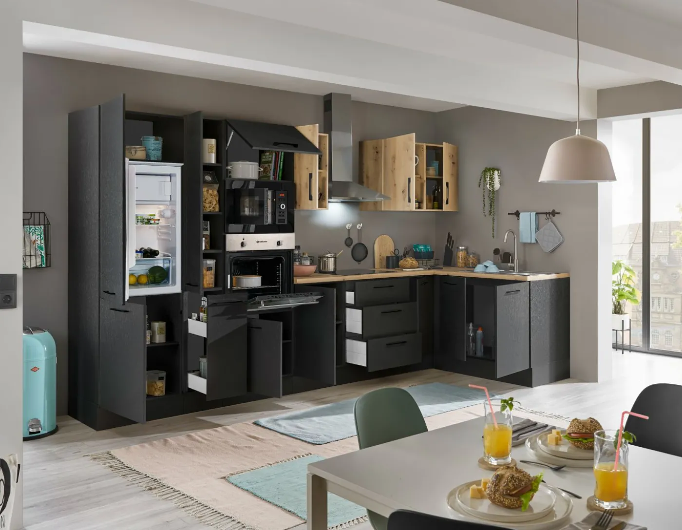 Küchenblock mit E-Geräten CORNWALL (Ecke-Backofen-Kühlschrank-Mikrowelle-Apotheker) III
