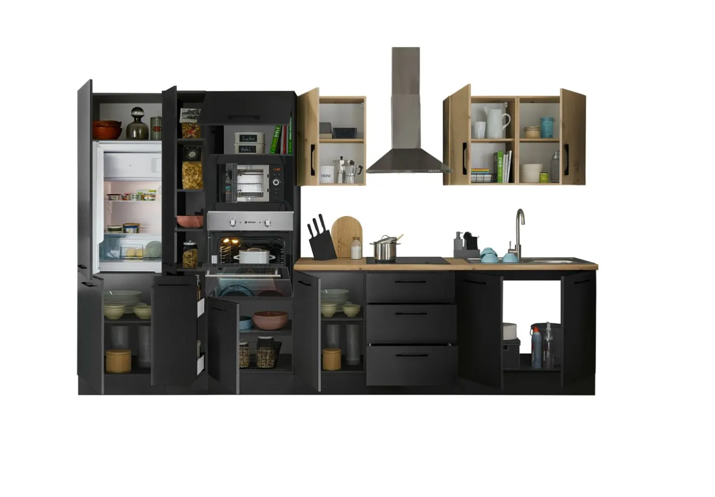 Küchenblock mit E-Geräten CORNWALL (Zeile-Backofen-Kühlschrank-Mikrowelle-Apotheker) III