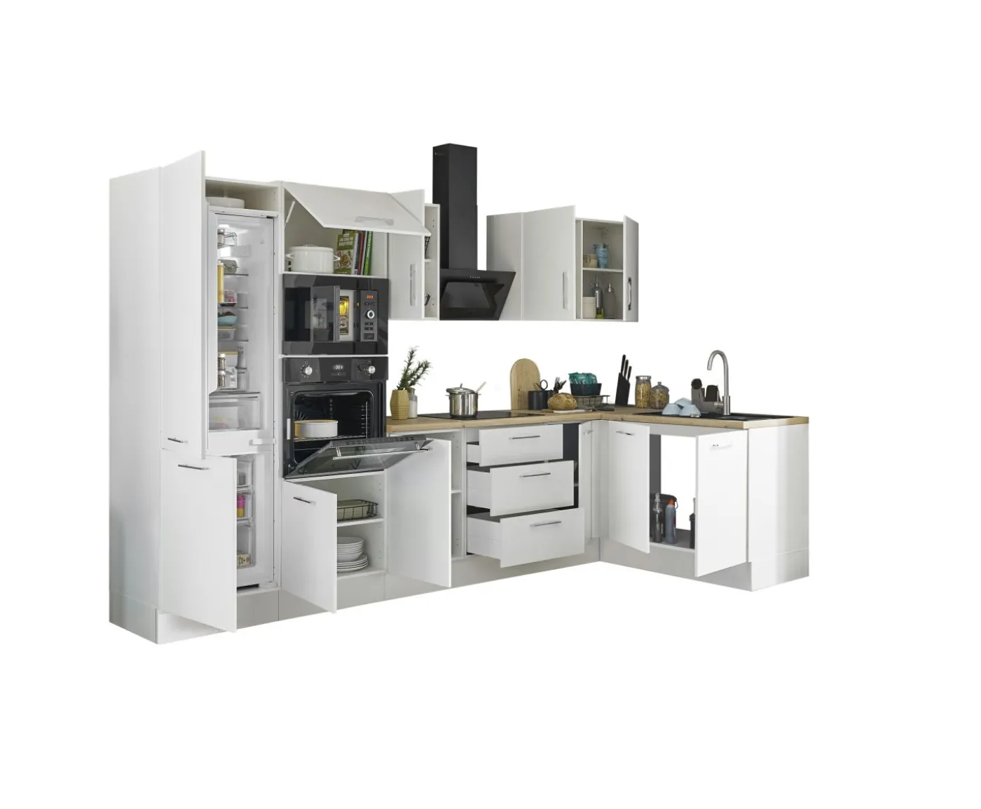 Küchenblock mit E-Geräten CORNWALL (Ecke-Backofen-Kühlschrank-Mikrowelle) II