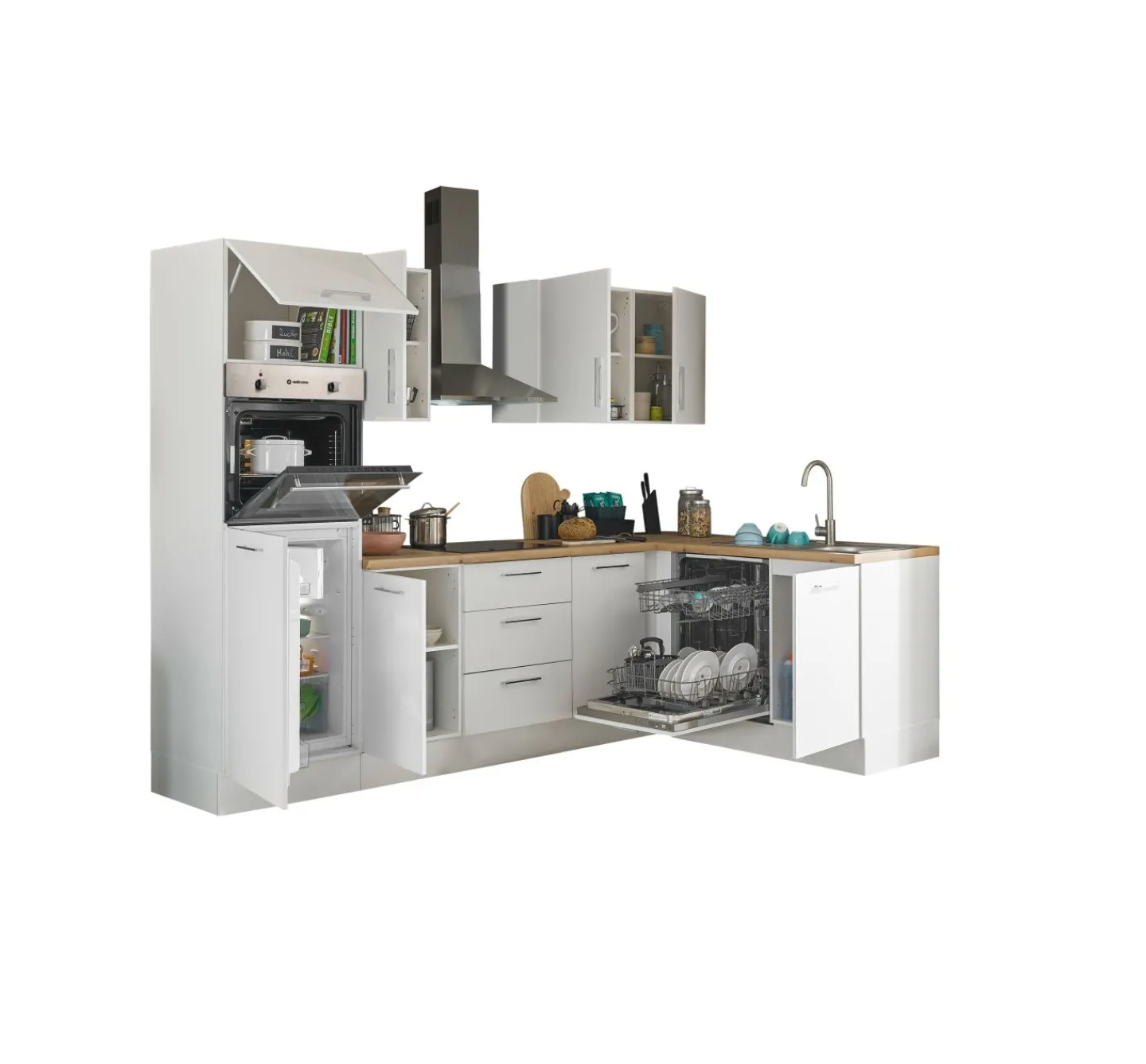 Bega BBK Küchenblock mit E-Geräten CORNWALL (Ecke-Backofen-Geschirrspüler-Kühlschrank) I* Küchenzeilen Mit Geräten