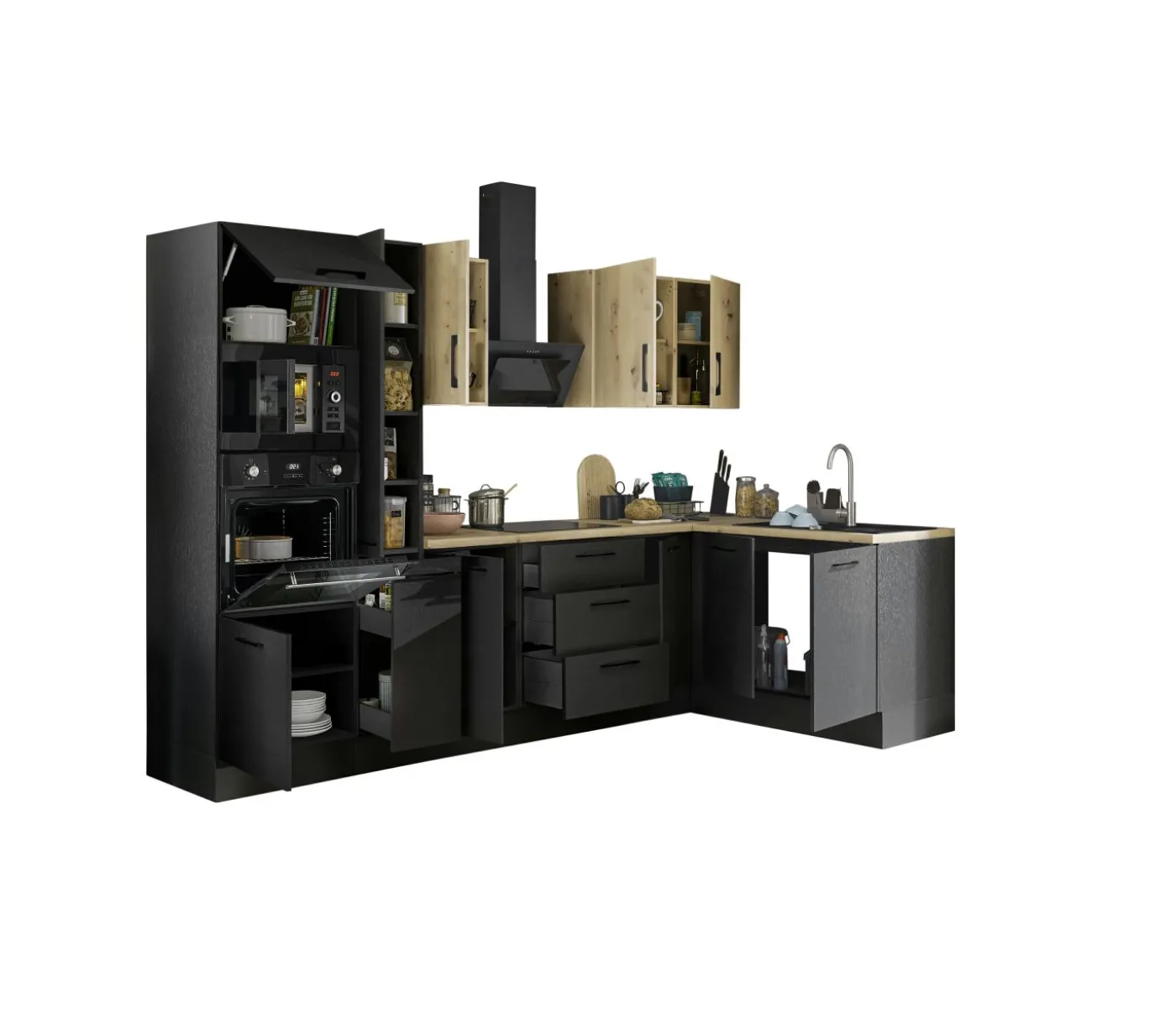 Küchenblock mit E-Geräten CORNWALL (Ecke-Backofen-Mikrowelle-Apotheker) IV