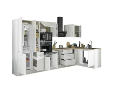 Küchenblock mit E-Geräten CORNWALL (Ecke-Backofen-Kühlschrank-Mikrowelle-Apotheker) II
