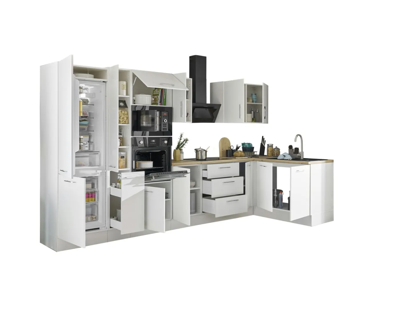 Küchenblock mit E-Geräten CORNWALL (Ecke-Backofen-Kühlschrank-Mikrowelle-Apotheker) II