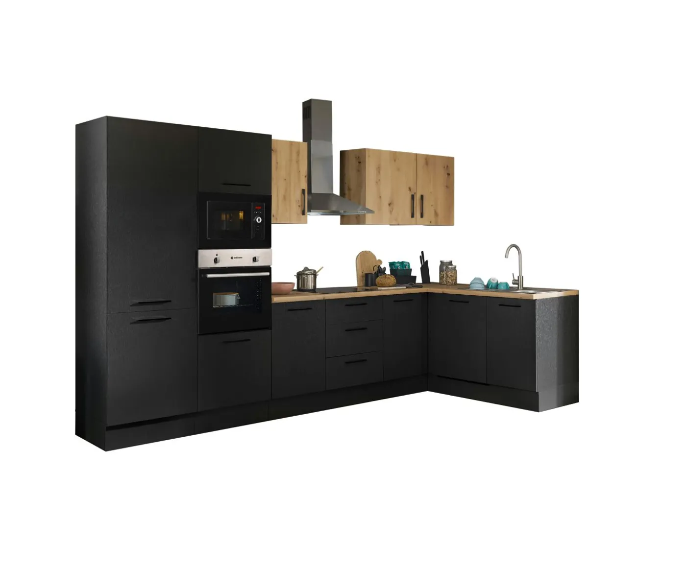 Küchenblock mit E-Geräten CORNWALL (Ecke-Backofen-Geschirrspüler-Kühlschrank-Mikrowelle) III