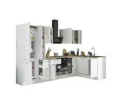 Küchenblock mit E-Geräten CORNWALL (Ecke-Geschirrspüler-Kühlschrank-Apotheker) II