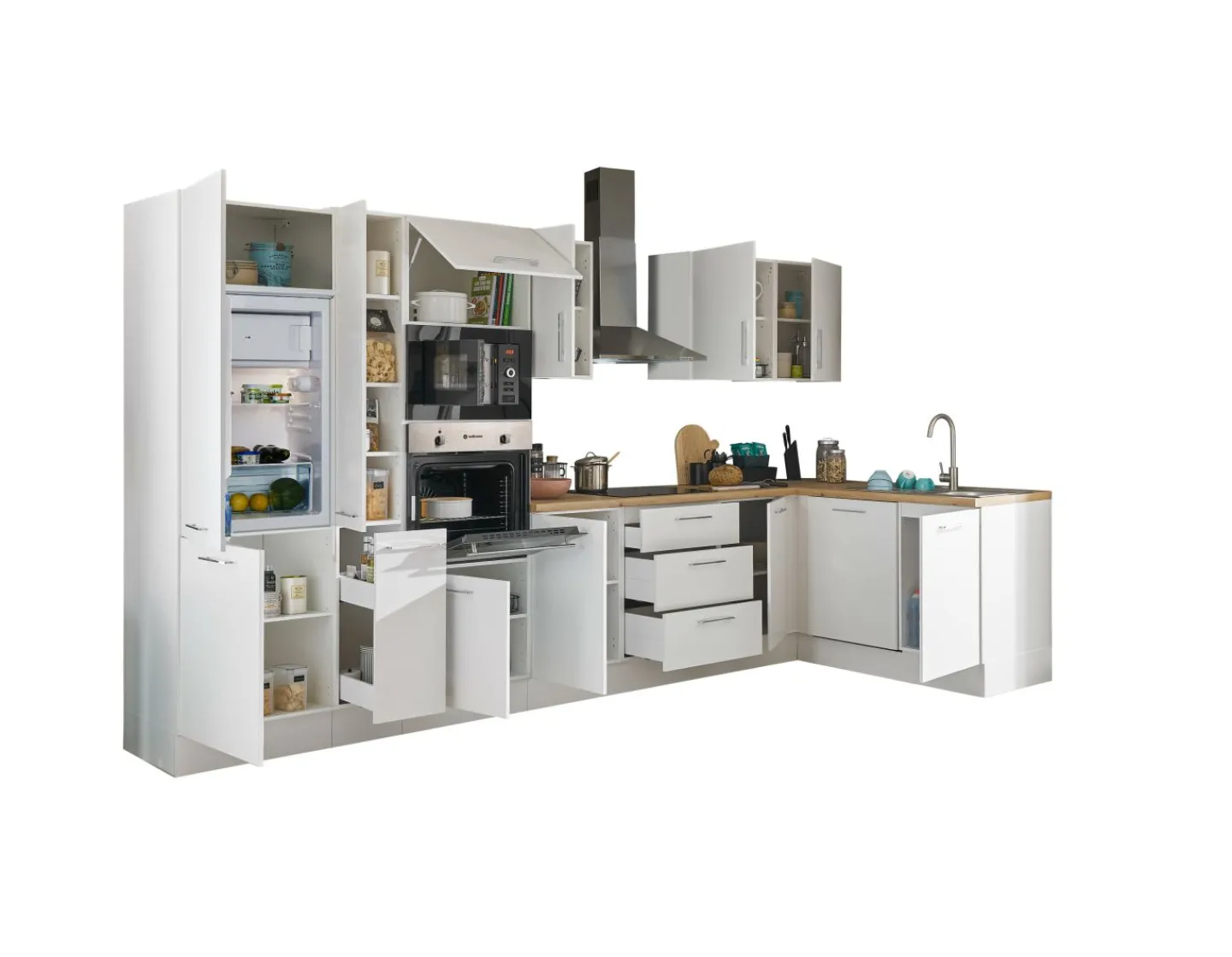 Bega BBK Küchenblock mit E-Geräten CORNWALL (Ecke-Backofen-Geschirrspüler-Kühlschrank-Mikrowelle-Apotheker) I* Küchenzeilen Mit Geräten