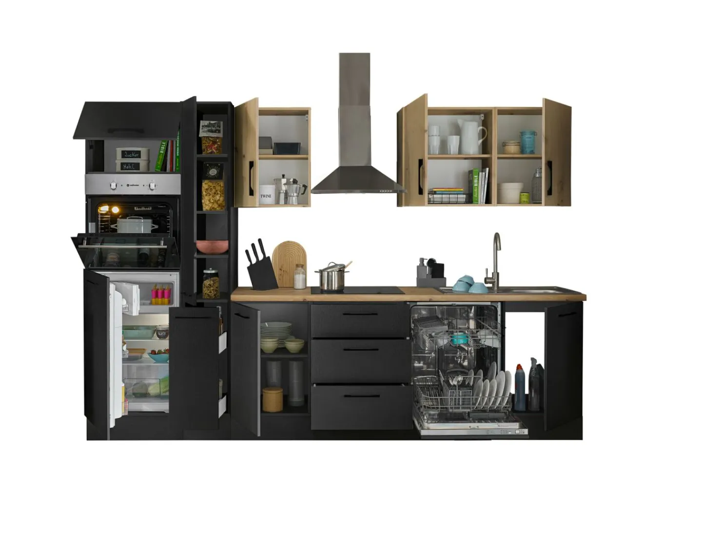 Bega BBK Küchenblock mit E-Geräten CORNWALL (Zeile-Backofen-Geschirrspüler-Kühlschrank-Apotheker) V* Küchenzeilen Mit Geräten
